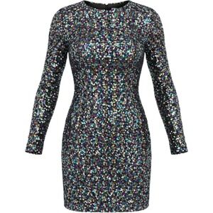 FORE Sequin Mini Dress Womens L Multicolor Open Back Long‎ Sleeve Party Cocktail